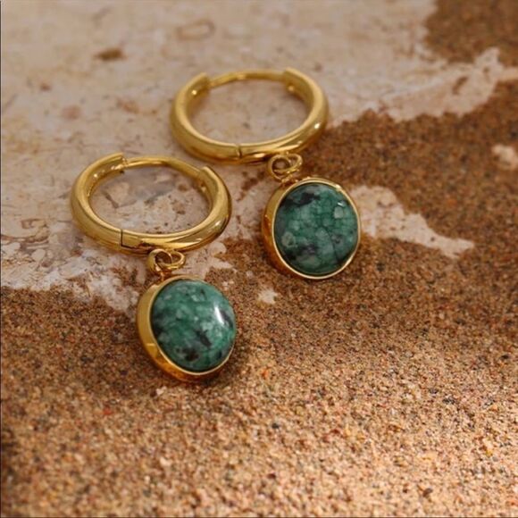 ✨ NEW Natural Turquoise Dangle 18k Gold Hoop Earrings - Picture 2 of 9